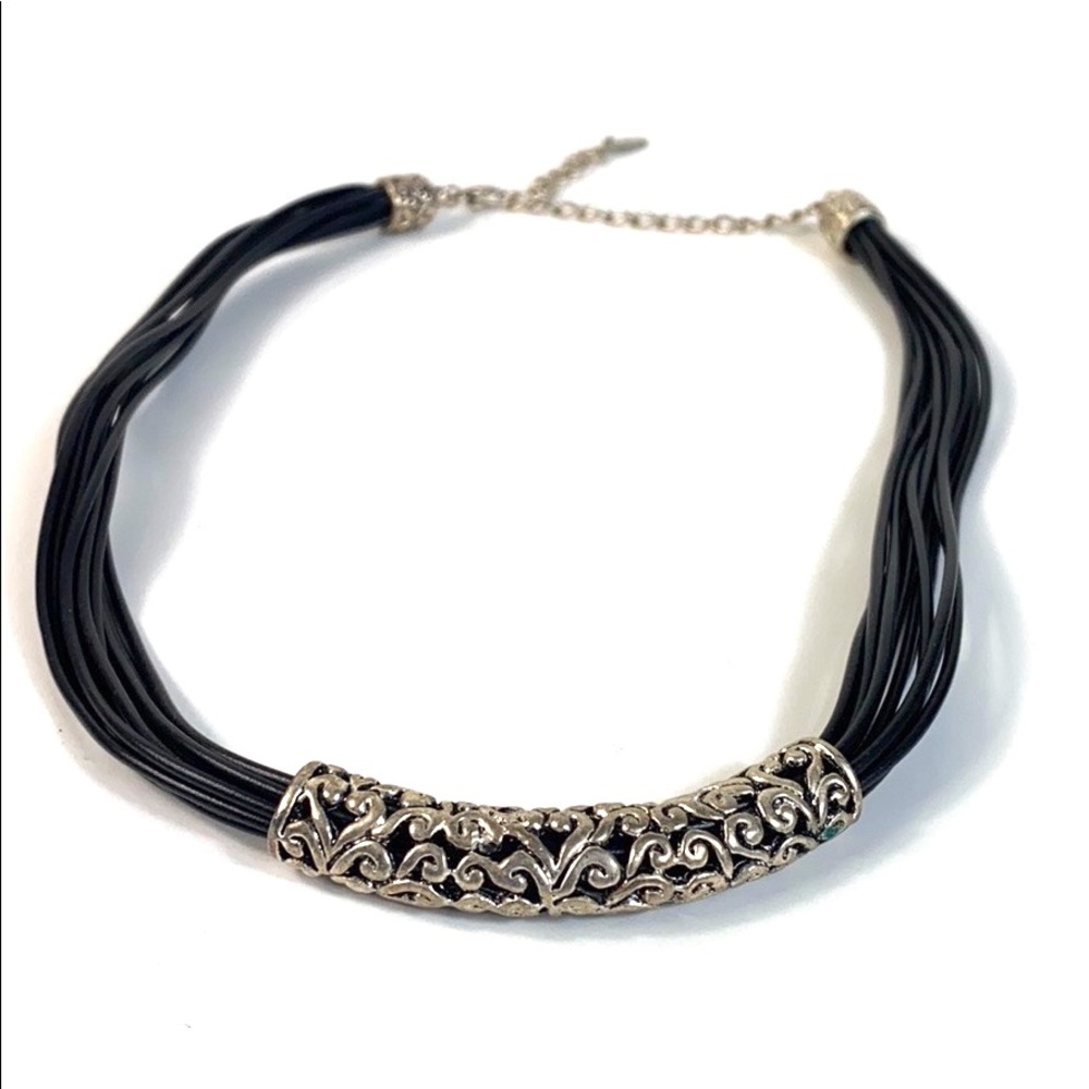 Volm Leather Multi-strand Silver Choker Necklace